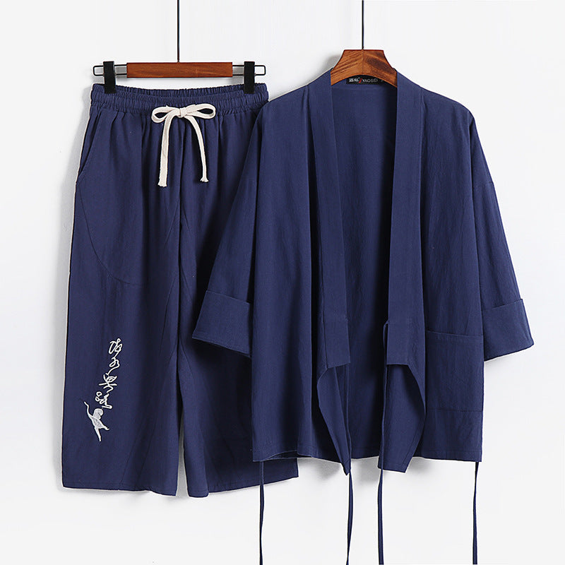 Unisex Leichtes Kimono-Loungewear-Set aus Baumwoll-Leinen mit bestickter Haremshose und Bindegürtel Echoarchiv