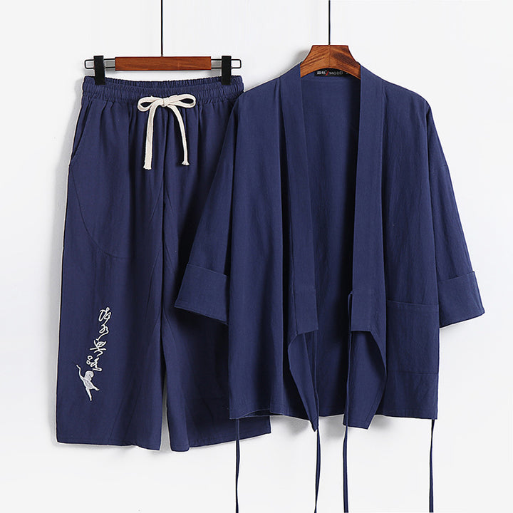 Unisex Leichtes Kimono-Loungewear-Set aus Baumwoll-Leinen mit bestickter Haremshose und Bindegürtel Echoarchiv