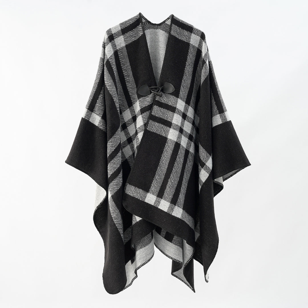 Damen Reversibler Wollmix-Poncho mit Knebelverschluss und Karomuster Echo Archiv