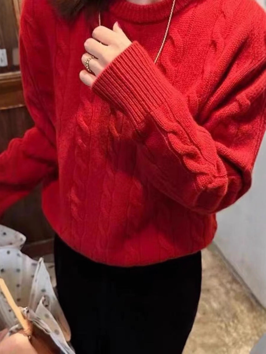 Damen Kastiger Kabelstrick‑Pullover mit Rundhals, extraweichem Wollmix und gerippten Bündchen Echoarchiv