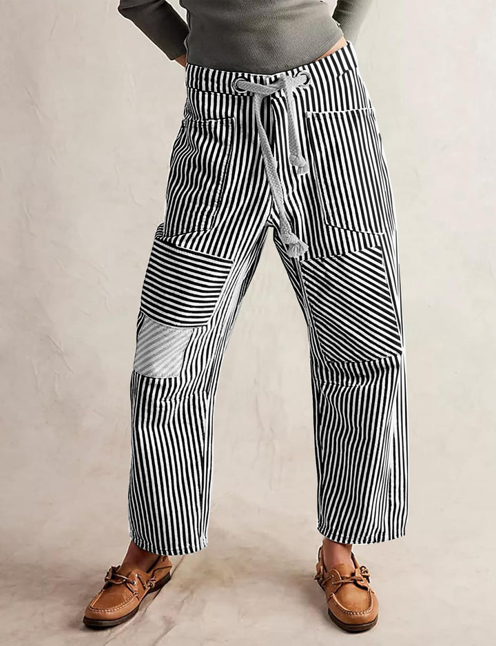 Damen nan lässige gestreifte Leinenhose mit Kordelzug und aufgesetzten Taschen Echo Archiv