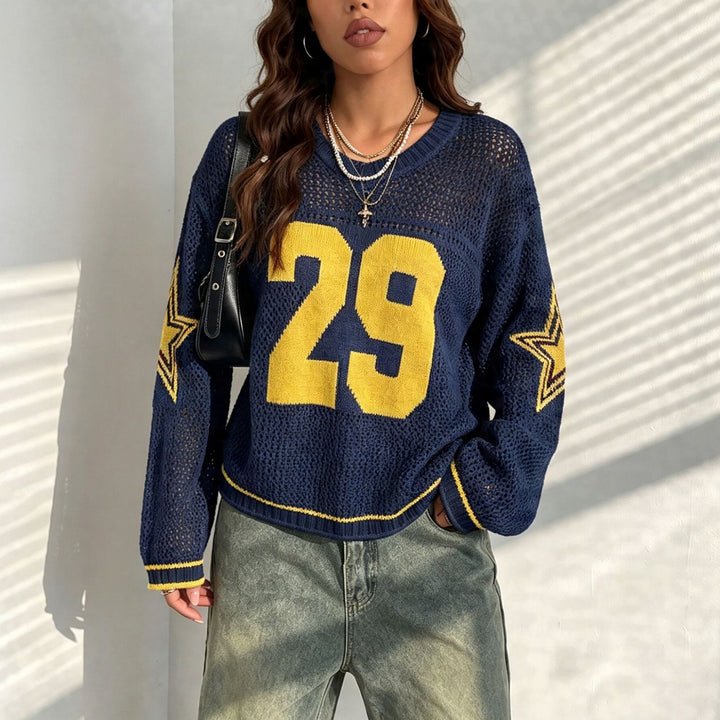 Damen Oversize Netz-Strick Cropped Pullover mit V-Ausschnitt Echoarchiv