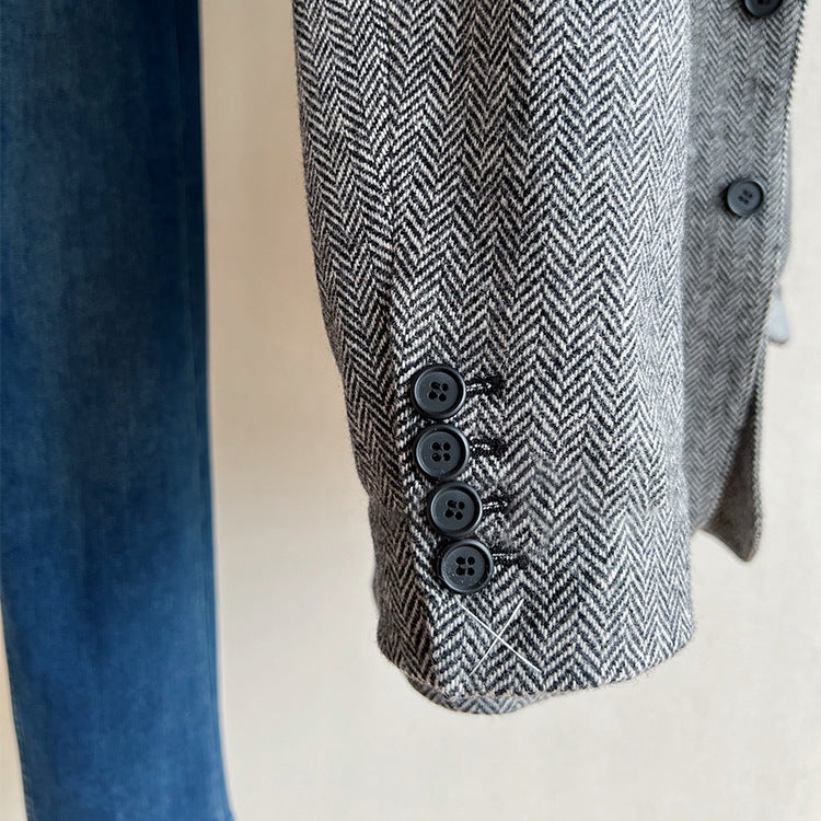 Damen Lockere Wollmix-Blazer im Fischgrät-Tweed mit Kontrast-Ellenbogenpatches Echo Archiv