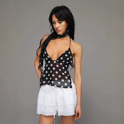 Damen Polka-Dot Oberteil mit dekorativem Halstuch und leichtem Stoff Echo Archiv