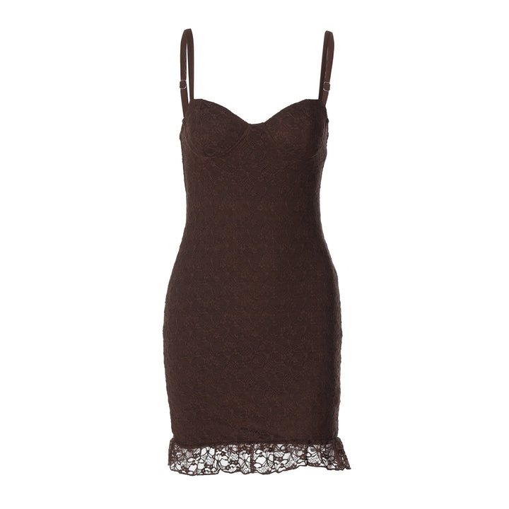 Damen figurbetontes Spitzenkleid mit verführerischem Bustier-Ausschnitt und dekorativem Saum Echo Archiv