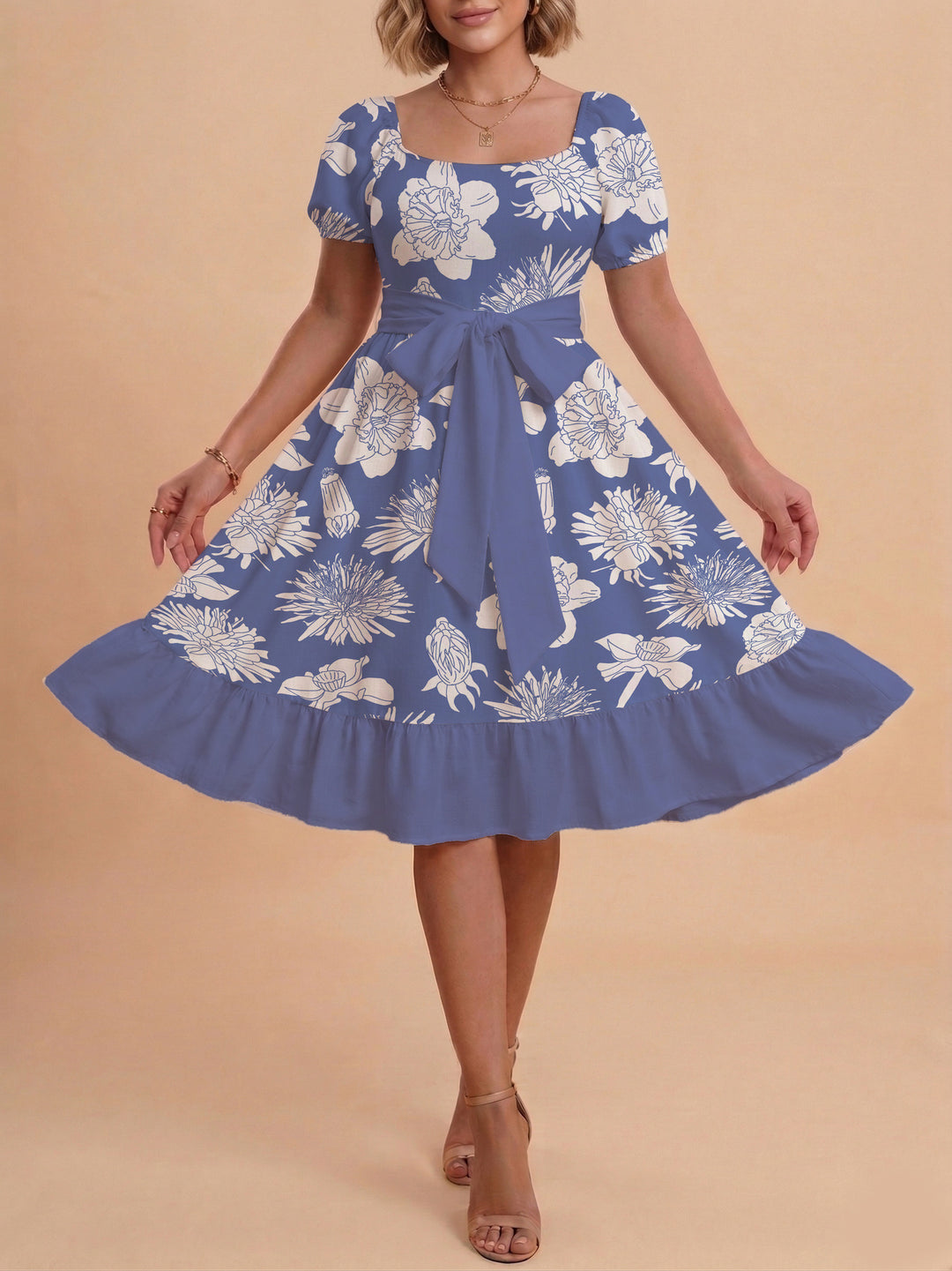 Damen A-Linien-Kleid mit floralen Motiven und taillierbarem Gürtel Echo Archiv