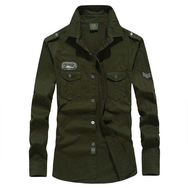 Herren nan militärisch inspiriertes Utility-Hemd aus Baumwollmix mit Epauletten, Brusttaschen und Emblem-Patches Echo Archiv