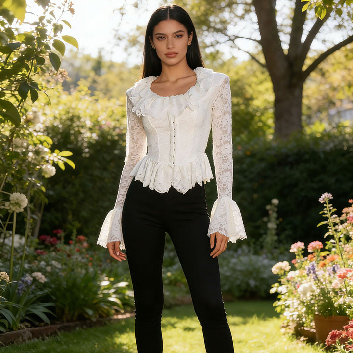 Damen Spitzen-Corsage mit Rüschenkragen und Glockenärmeln Echoarchiv