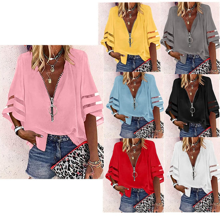 Damen V‑Ausschnitt Bluse mit dekorativem Ringreißverschluss und Cut-Out-Ärmeln Echo Archiv