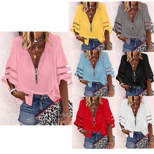 Damen V‑Ausschnitt Bluse mit dekorativem Ringreißverschluss und Cut-Out-Ärmeln Echo Archiv