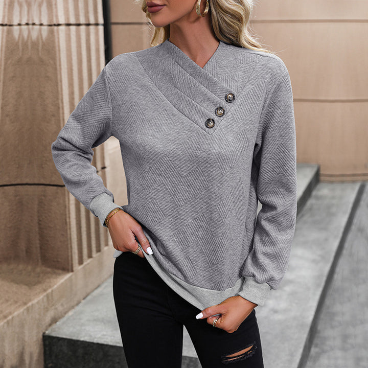 Damen Strukturierter V-Ausschnitt-Pullover mit diagonaler Zierknopfleiste und taillierter Passform Echoarchiv