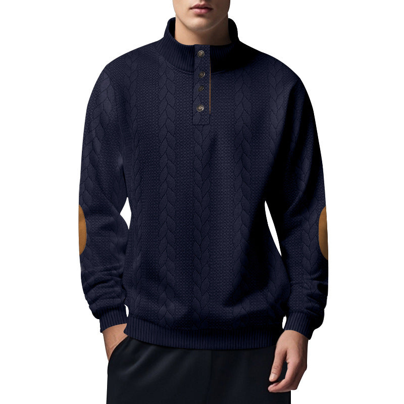 Herren nan strukturiertes Kabelstrick-Henley-Pullover mit Stehkragen und Ellbogenpatches Echo Archiv