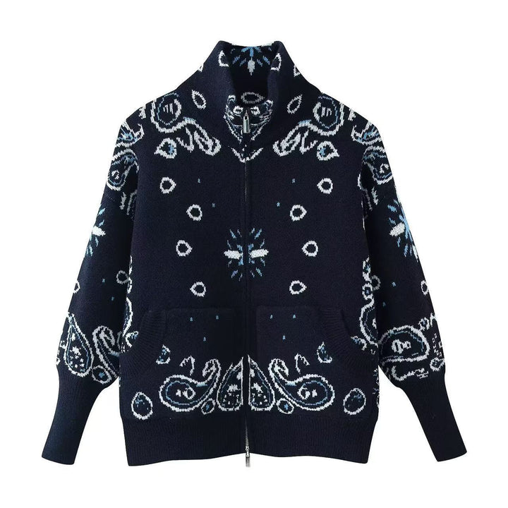 Damen Grobgestrickte Strickjacke mit Reißverschluss, Paisley‑Jacquard und Stehkragen Echoarchiv