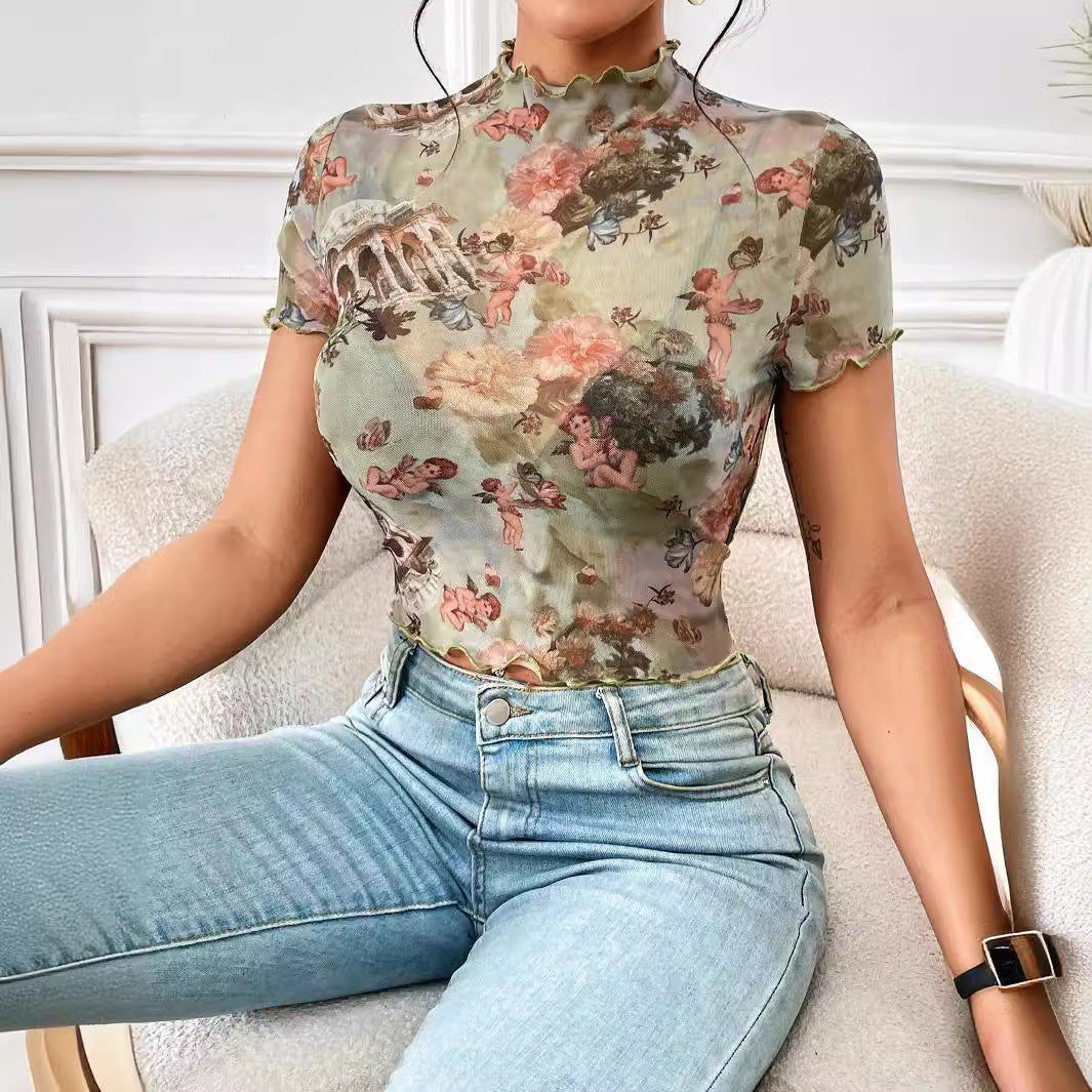 Damen nan figurnahes transparentes Mesh-Top mit barockem Engeldruck, Stehkragen und Kräuselsaum Echo Archiv