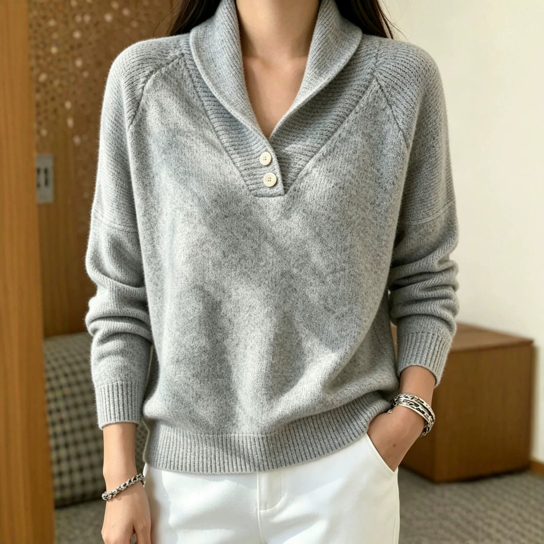 Damen Weicher Schalkragen‑Pullover mit halber Knopfleiste und Raglanärmeln – Mavelle