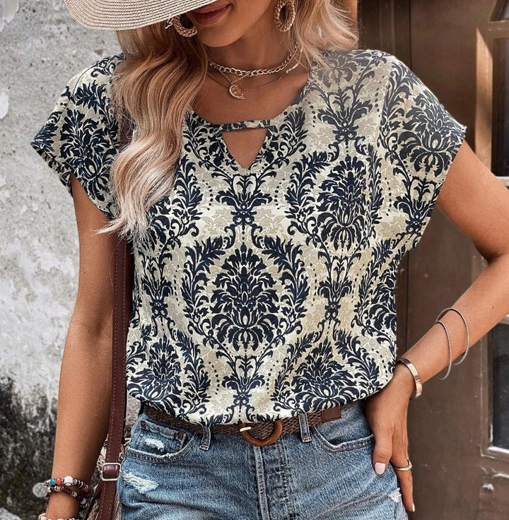 Damen Lässiges Kurzarm-Viscose-Top mit Keyhole-Ausschnitt und Barockmuster Echo Archiv