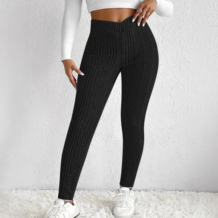 Damen Hochtaillierte Gerippte Feinstrick-Leggings mit Formbund und Stretchkompression Echoarchiv