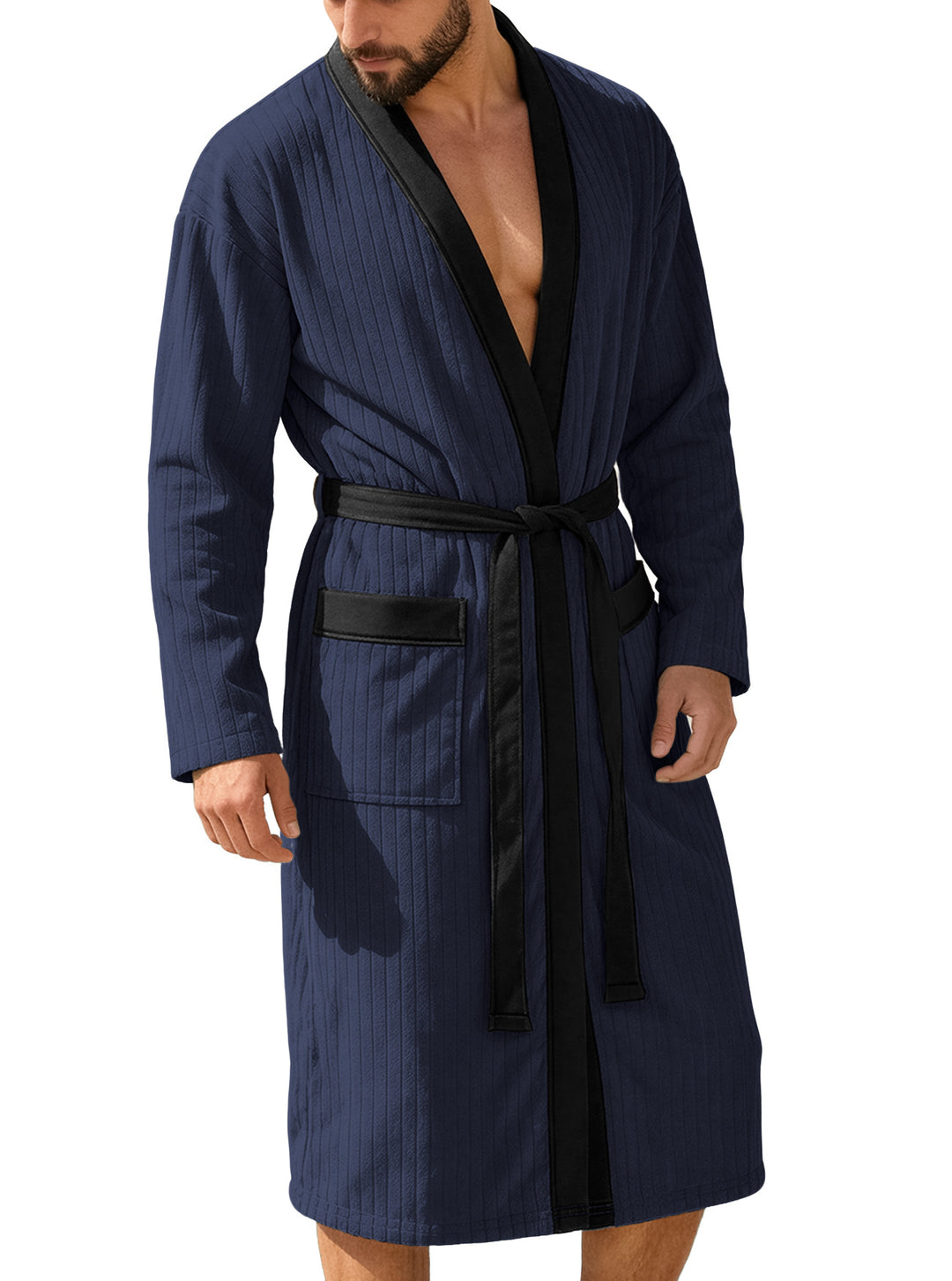 Herren nan wadenlanger Rippen-Bademantel im Kimono-Stil mit Schalkragen und Kontrastpaspel Echo Archiv