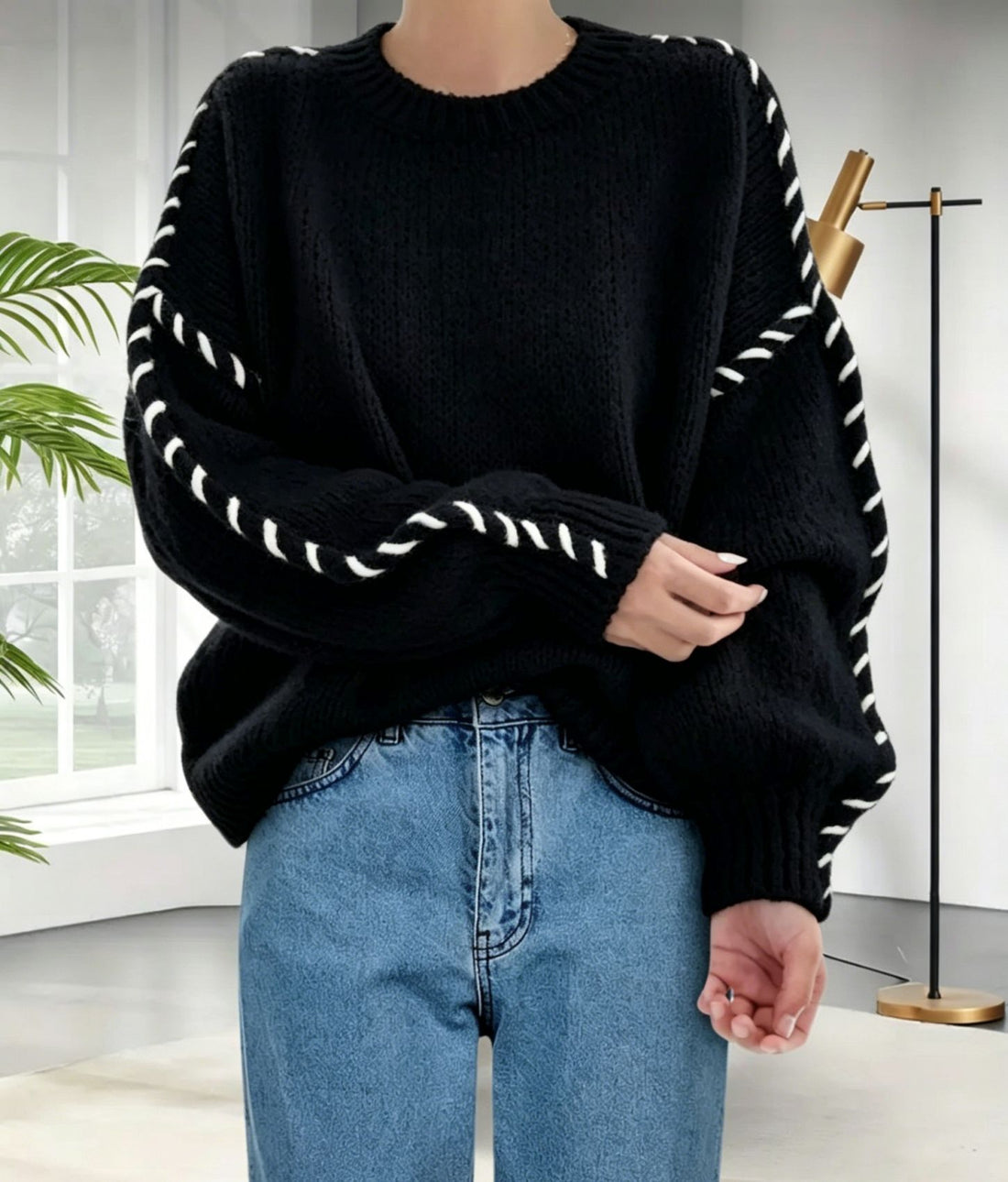 Damen Oversize Strickpullover mit dekorativem Kordel‑Zopf an Ärmeln – Mavelle