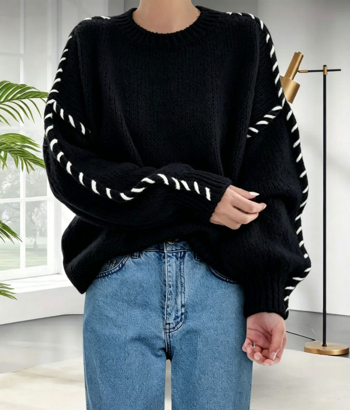Damen Oversize Strickpullover mit dekorativem Kordel‑Zopf an Ärmeln – Mavelle