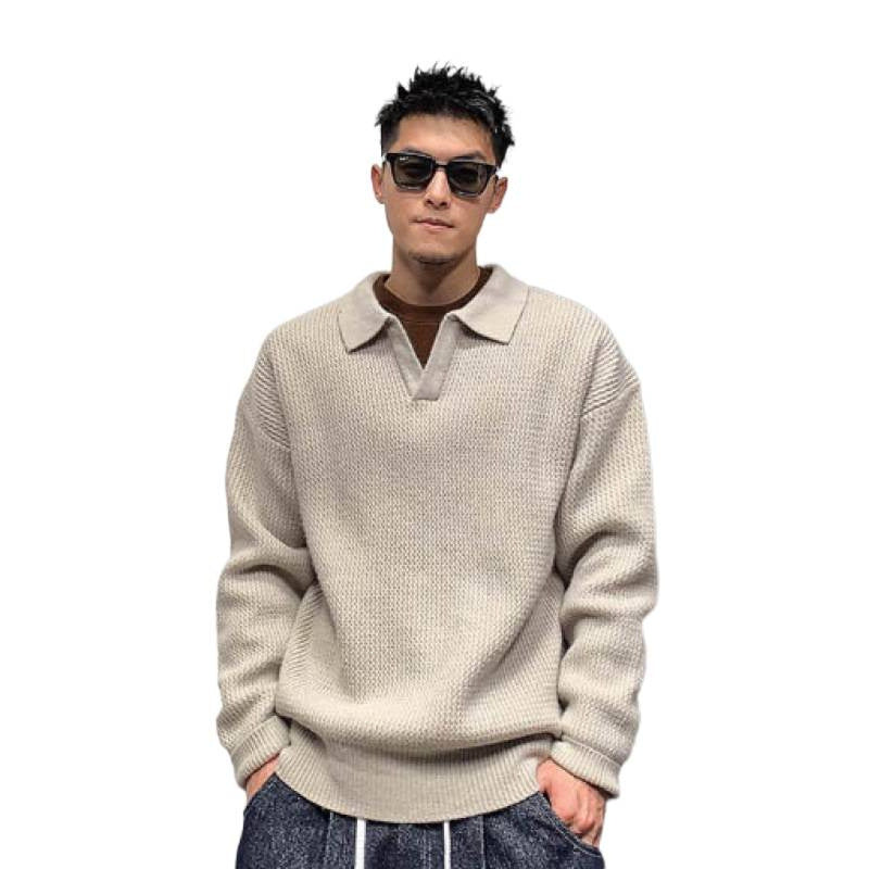 Herren Grobmaschiger Polokragen-Pullover mit verdeckter Halbleiste und geripptem Saum Echoarchiv