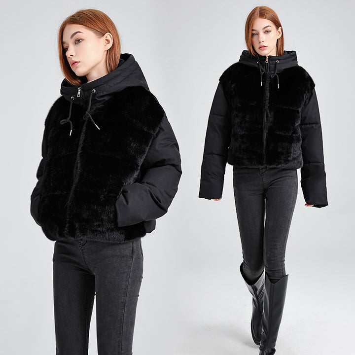 Damen Kurze Hybrid-Winterjacke mit samtiger Kunstfellfront und Kapuzenkragen Echo Archiv