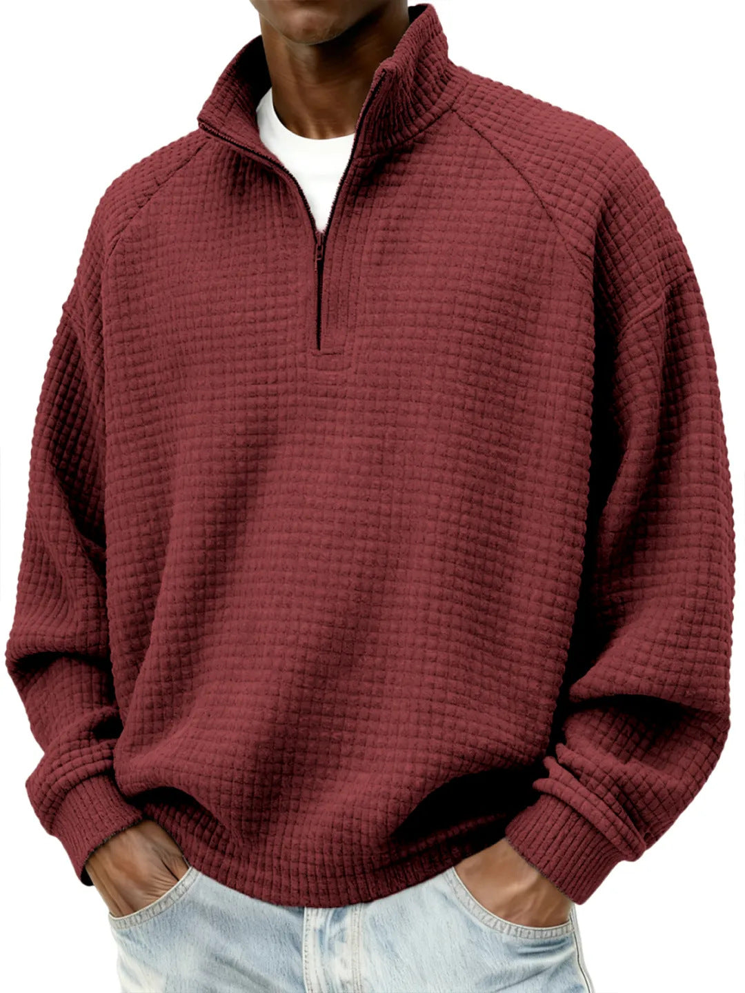 Herren Waffelstrick-Oversize-Pullover mit Halbreißverschluss und Stehkragen Echoarchiv