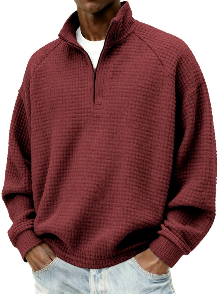 Herren Waffelstrick-Oversize-Pullover mit Halbreißverschluss und Stehkragen Echoarchiv