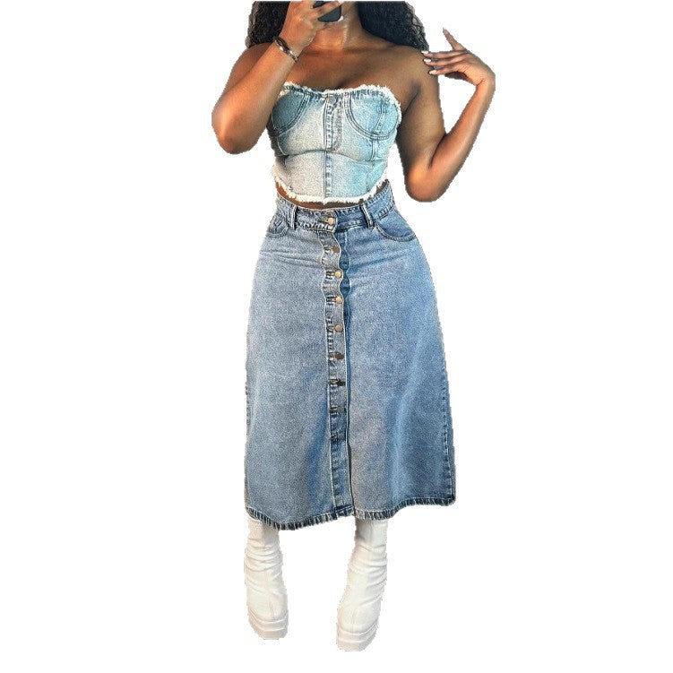 Damen A-Linien Denim-Midirock mit taillenhohem Bund und durchgehender Knopfleiste Echo Archiv