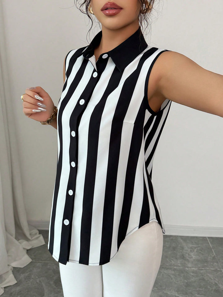 Damen Ärmellose Hemdbluse mit Kentkragen, A-Linien-Silhouette und durchgehender Knopfleiste – Élovi