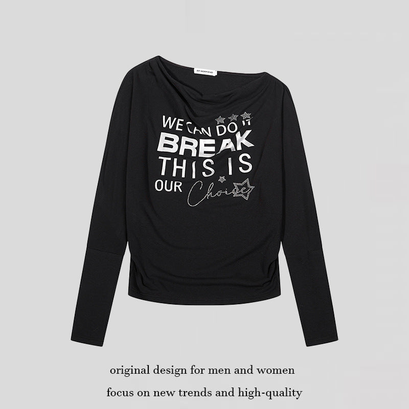 Damen Weiches Langarmshirt mit Wasserfallausschnitt, Statement-Print und Strassapplikationen Echoarchiv