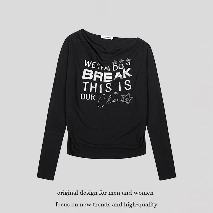 Damen Weiches Langarmshirt mit Wasserfallausschnitt, Statement-Print und Strassapplikationen Echoarchiv