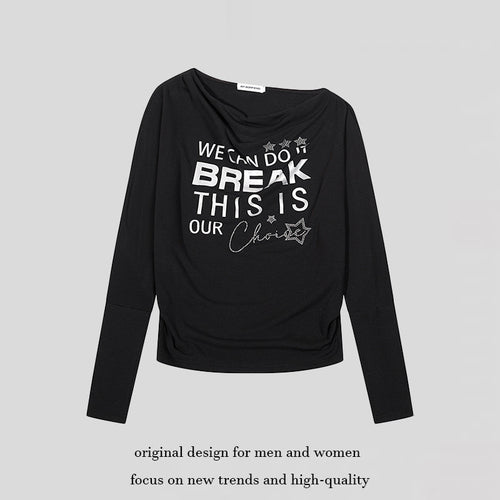 Damen Weiches Langarmshirt mit Wasserfallausschnitt, Statement-Print und Strassapplikationen Echoarchiv