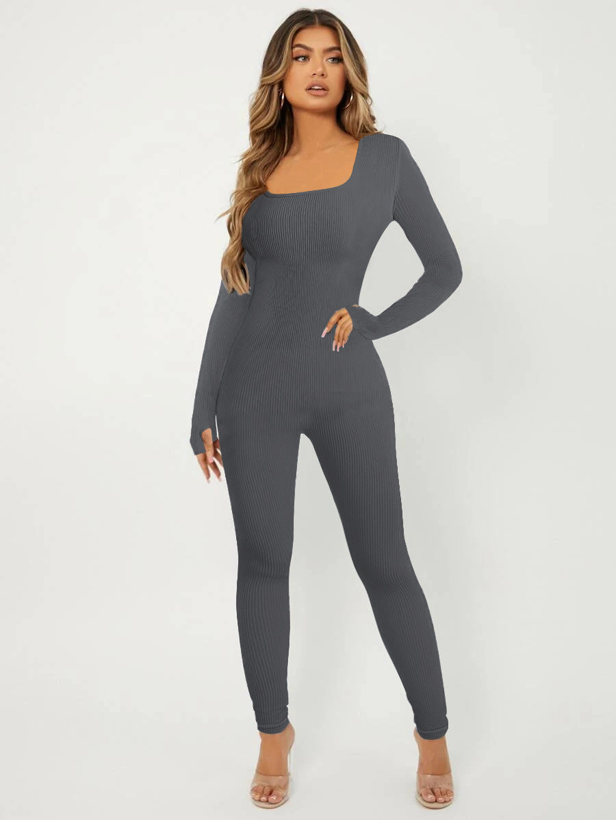 Damen Rippstrick Skinny Jumpsuit mit Quadratischem Ausschnitt, Langen Ärmeln und Daumenloch – Solévia