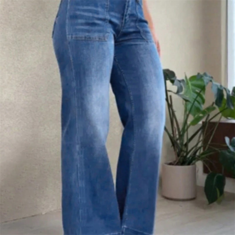 Damen Hochtaillierte Denim-Jeans mit weitem Schlagbein und aufgesetzten Vordertaschen Echo Archiv