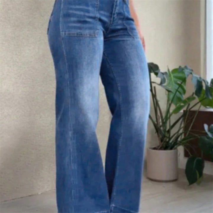 Damen Hochtaillierte Denim-Jeans mit weitem Schlagbein und aufgesetzten Vordertaschen Echo Archiv