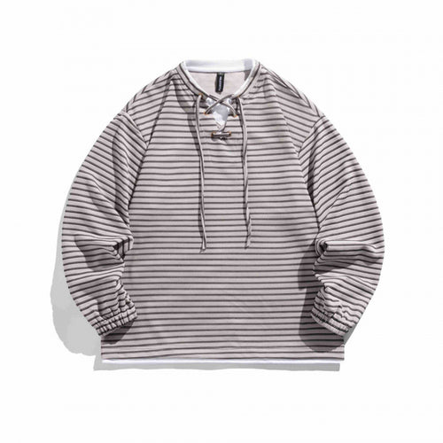 Unisex Gestreifter Oversize-Pullover mit Schnürkragen und Strukturstrick Echo Archiv