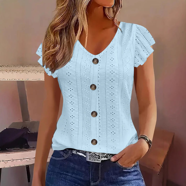 Damen elegante Bluse mit Spitzenmuster und Knopfverzierung Echo Archiv