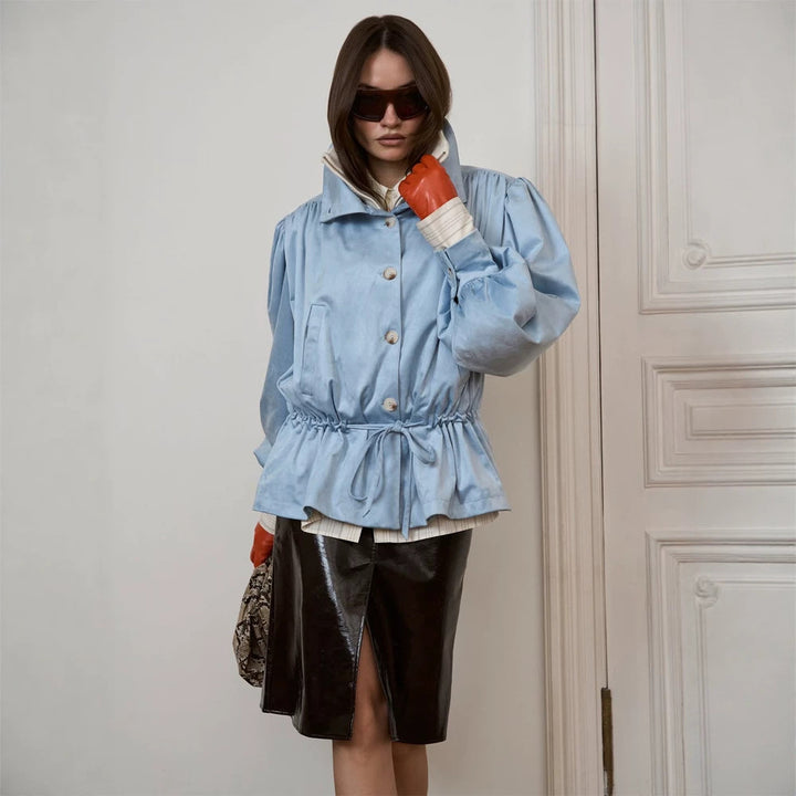 Damen Kurzjacke mit Volumenärmeln, Tunnelzugbund und Stehkragen Echoarchiv