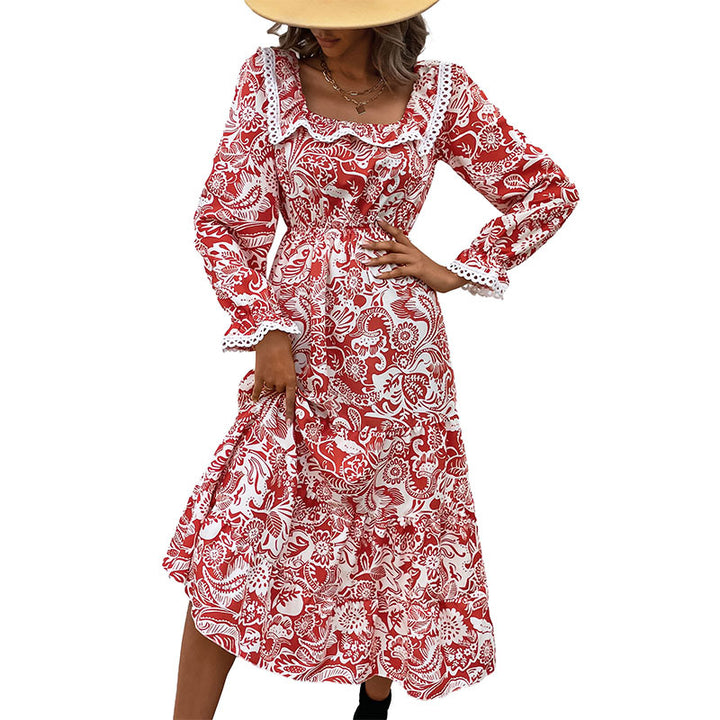 Damen Midikleid im Paisley-Print mit Spitzenvolant, quadratischem Ausschnitt und elastischer Taillennaht Echoarchiv