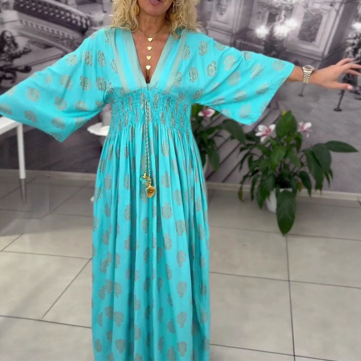 Damen nan gerafftes Maxikleid mit Smok-Taille, Kimonosärmeln und Zierquaste Echo Archiv