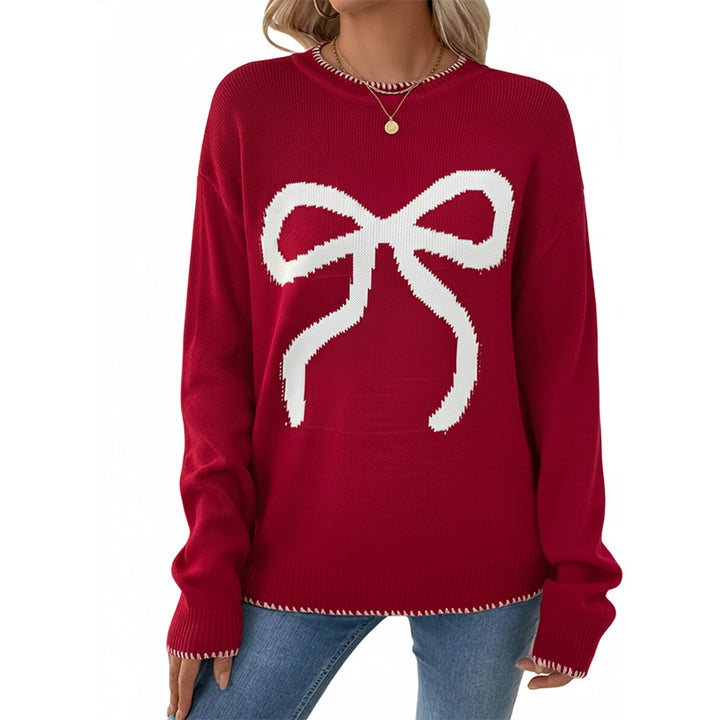 Damen Weihnachtlicher Oversize-Strickpullover mit Schleifenmotiv und gerippten Bündchen Echoarchiv