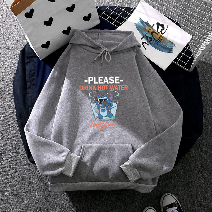Damen Kapuzenpullover mit großflächigem Cartoon-Glas-Print, weichem Fleece-Innenfutter und Kängurutasche – Auréline