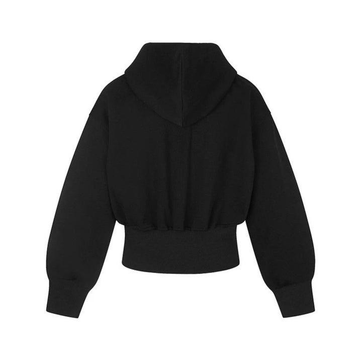 Damen Kurze Kapuzen-Sweatjacke mit durchgehendem Reißverschluss, breitem Rippbund und Strass-Logo Echoarchiv