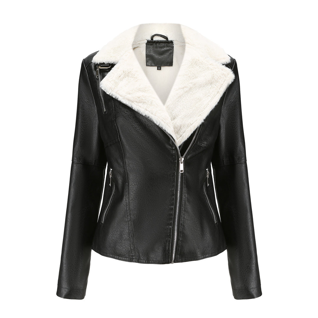Damen nan taillierte Kunstleder-Bikerjacke mit abnehmbarem Kunstfellkragen und schrägem Reißverschluss Echo Archiv