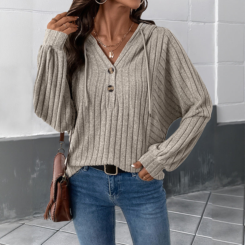 Damen Gerippter Kapuzenpullover mit V‑Ausschnitt, Knopfleiste und Oversize-Ärmeln Echoarchiv