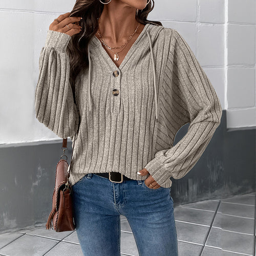 Damen Gerippter Kapuzenpullover mit V‑Ausschnitt, Knopfleiste und Oversize-Ärmeln Echoarchiv