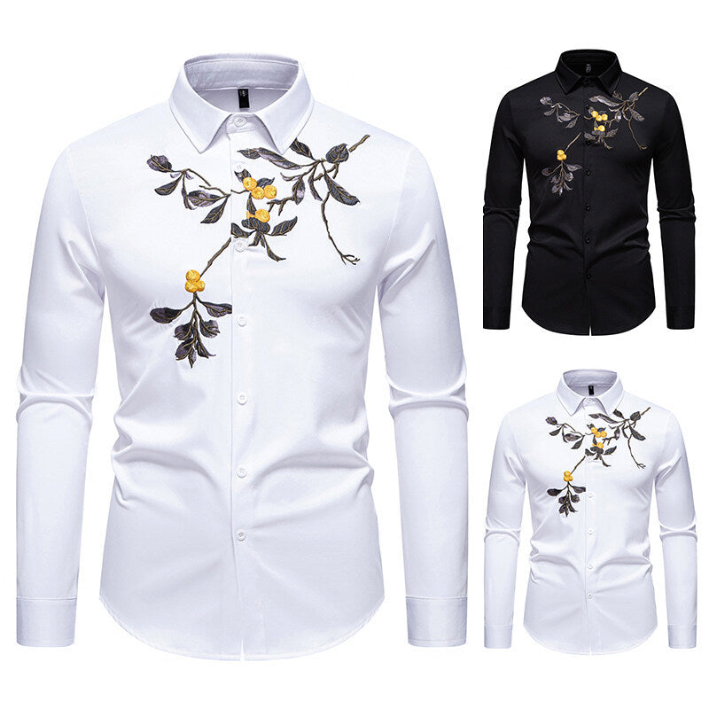 Herren elegantes Langarmhemd mit floraler Stickerei Echoarchiv
