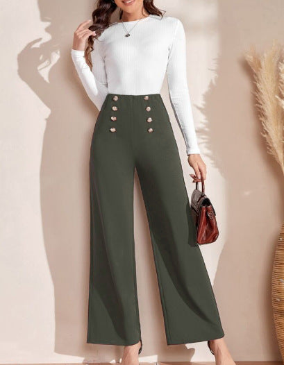 Damen nan hohe Taillenhose mit weitem Bein, maritim inspirierten Zierknöpfen Echo Archiv