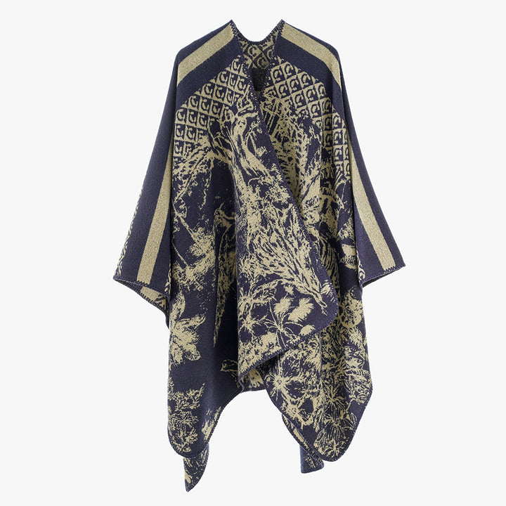 Damen Jacquard-Strickcape mit Stehkragen und grafischem Waldmotiv – Avérine